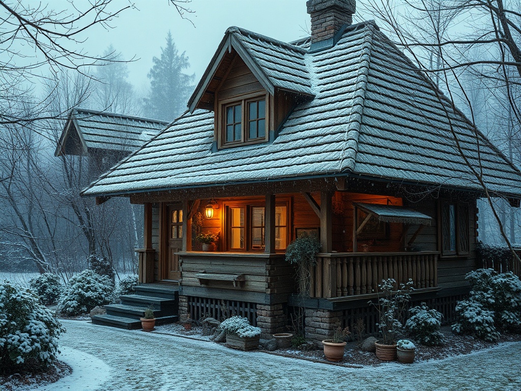 Снежный зимний вечер. Уютный деревянный дом с ярким светом и зимним пейзажем вокруг.