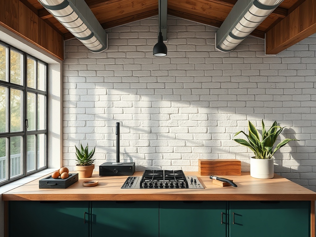 Современная кухня с деревянной столешницей, плитой, растениями и окнами, пропускающими солнечный свет.