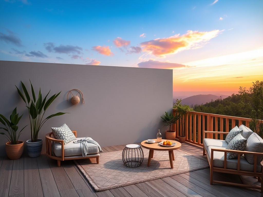 Уютная терраса с креслами, круглым столом и растениями на фоне заката и горного пейзажа.