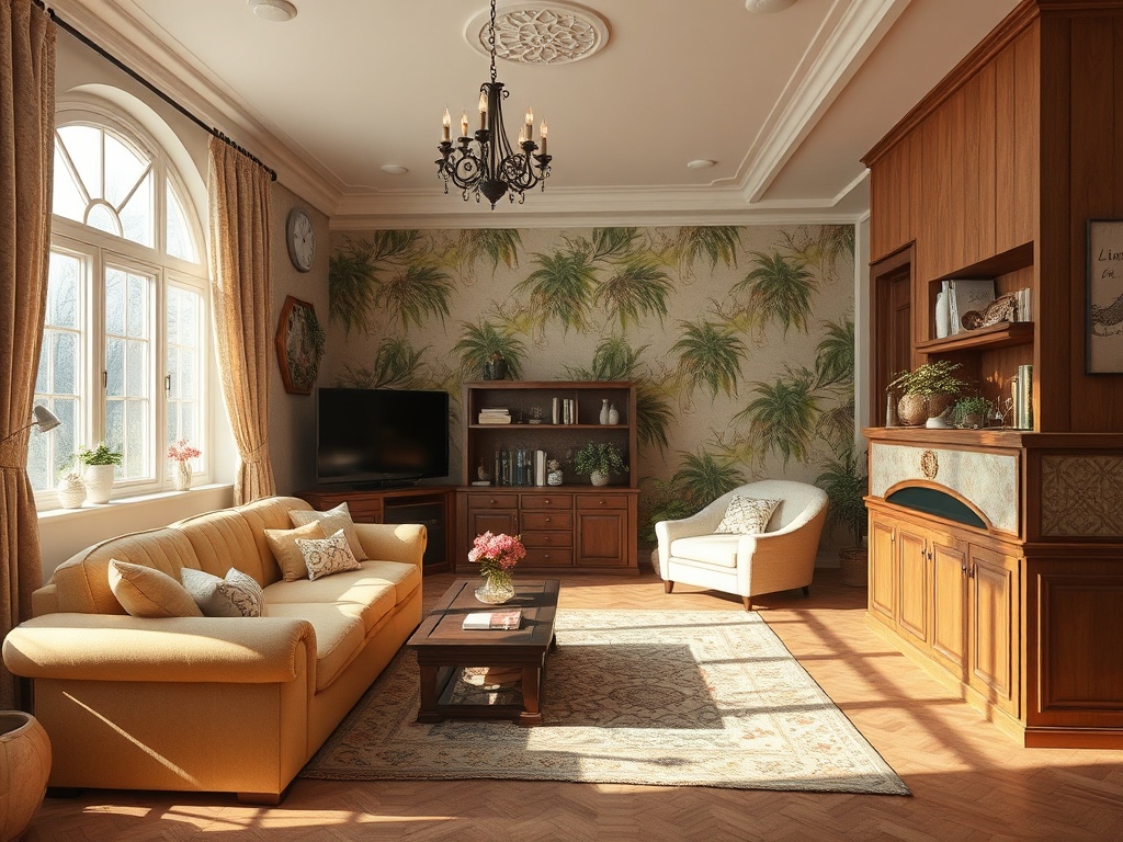 Уютная гостиная с желтым диваном, телевизором и растительным декором на стенах. Светлый интерьер и деревянные элементы.