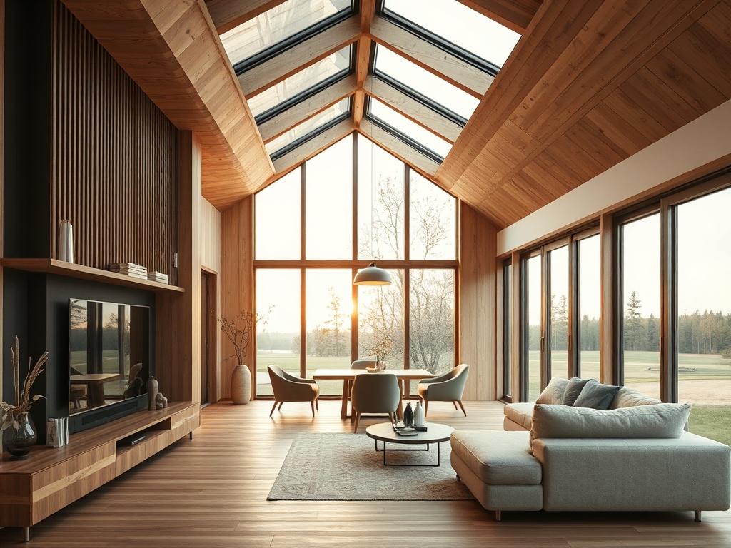 Современный интерьер с большими окнами, деревянными стенами и уютной зоной отдыха. Солнечный свет наполняет пространство.