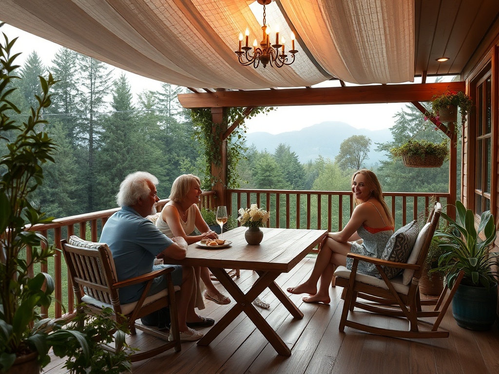 На веранде сидят трое людей, наслаждаясь ужином и видом на природу, в окружении зелени.