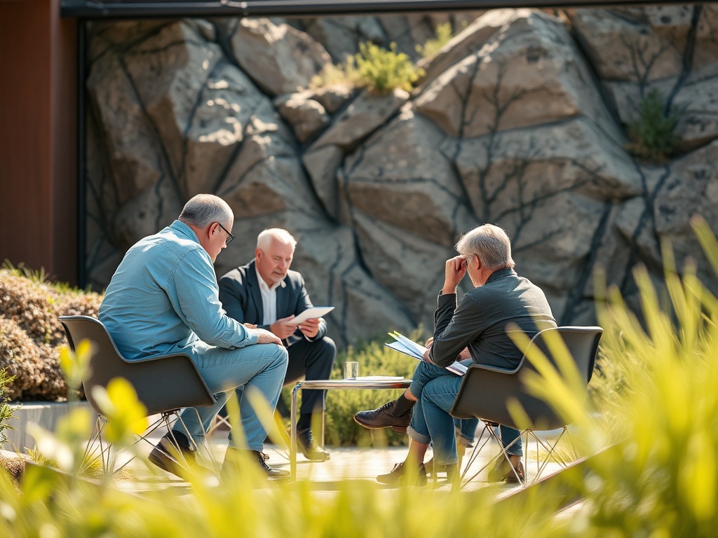 Трое мужчин сидят на улице за столом, обсуждая документы на фоне природного ландшафта.