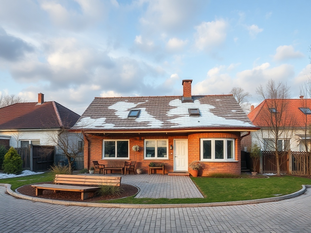 Современный загородный дом с красным кирпичом и крышей, частично покрытой снегом, окружённый зеленью.