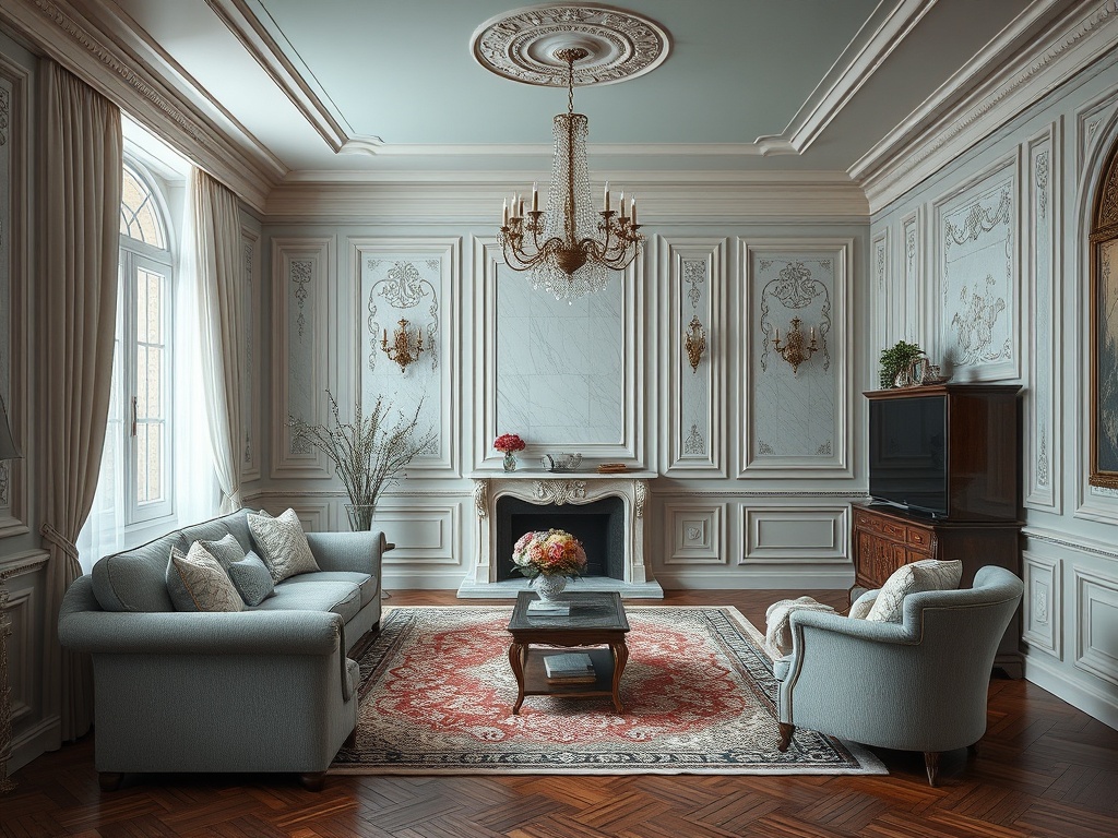 Уютная гостинная с мягкой мебелью, красивым потолком и элегантным декором в светлых тонах.