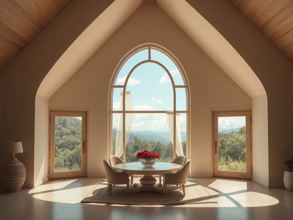 Светлое помещение с большим окном и видом на природу, круглый стол и уютные кресла.