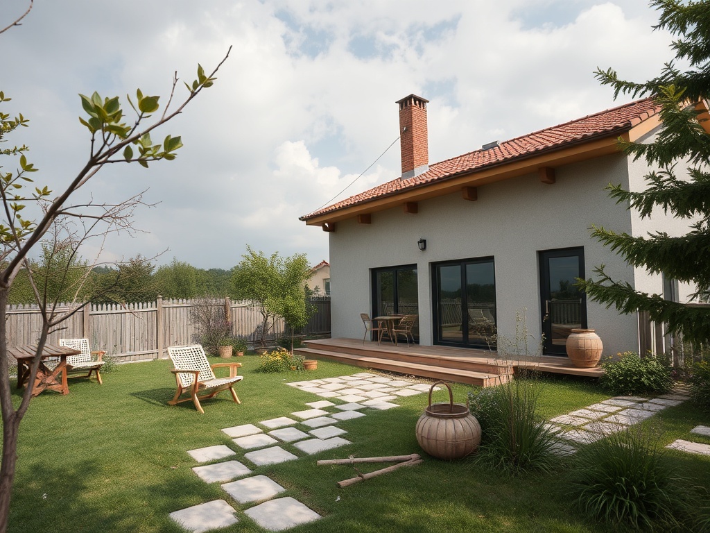 Современный дом с террасой и ухоженным садом, окружённый зелёными растениями и дорожками из камней.