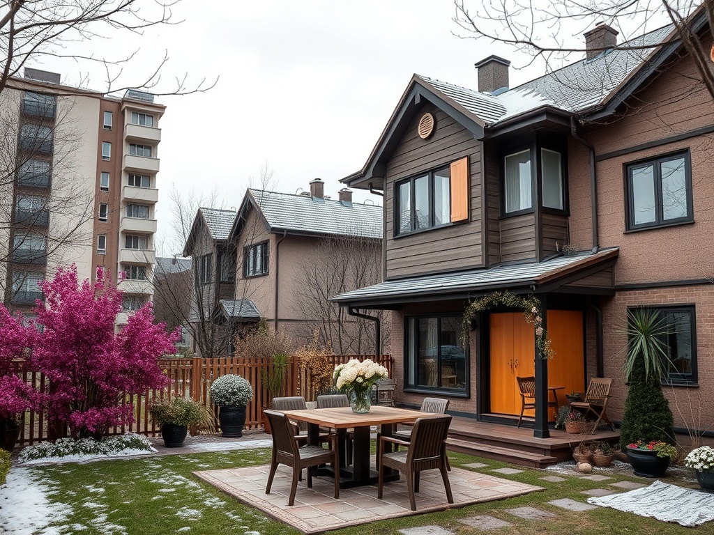 На изображении загородный дом с висячими цветами, столом на улице и высотным зданием на заднем плане.