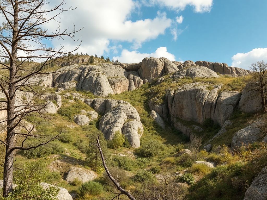 Камнистый ландшафт с кустарниками и деревьями под голубым небом с облаками.