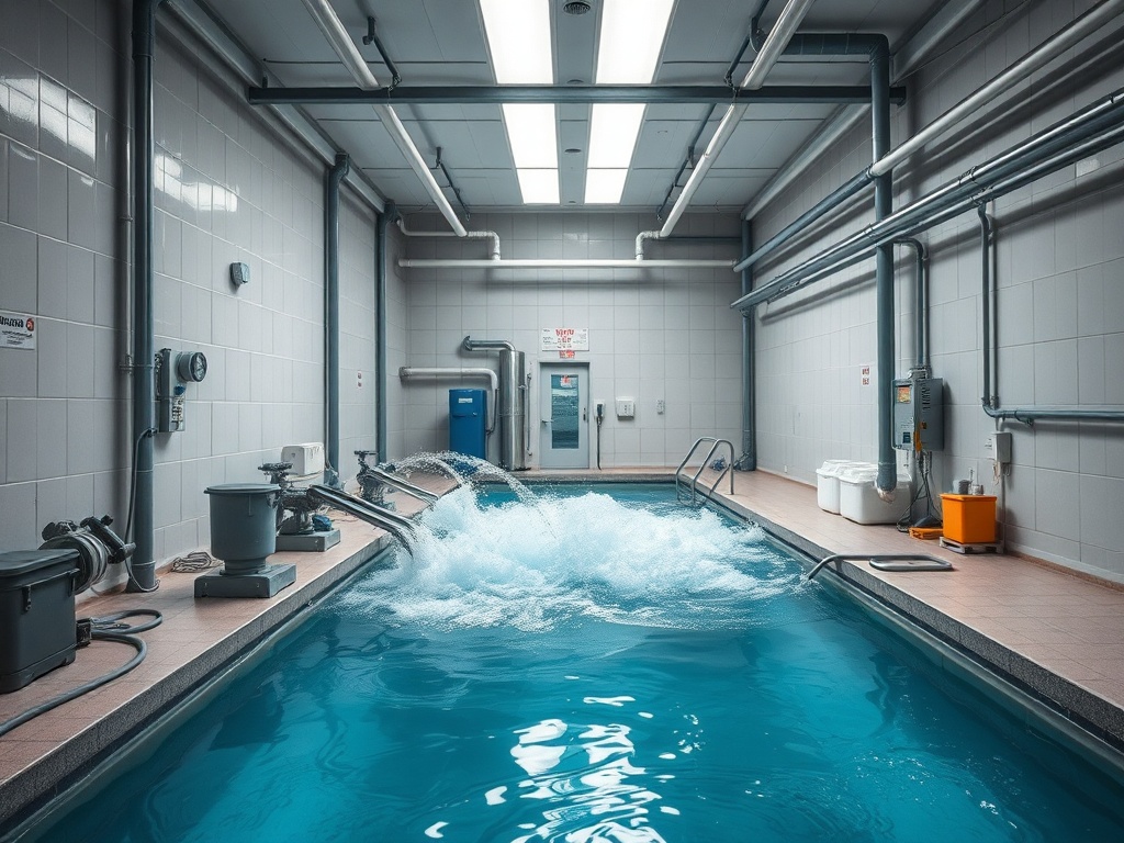 В помещении с бассейном: вода бурлит, видны трубы и оборудование для очистки. Светлые стены и потолок.
