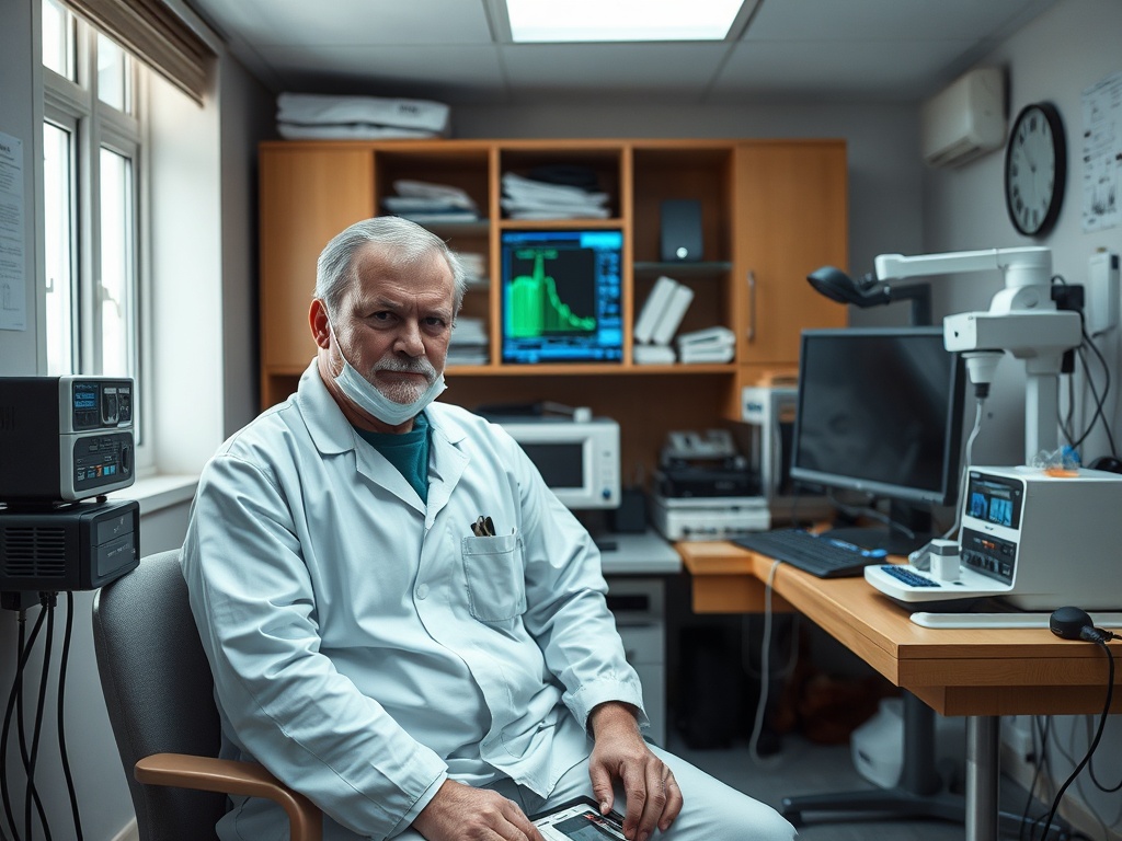 Медицинский работник сидит в кабинете с оборудованием, смотрит в камеру, одет в белый халат и маску.