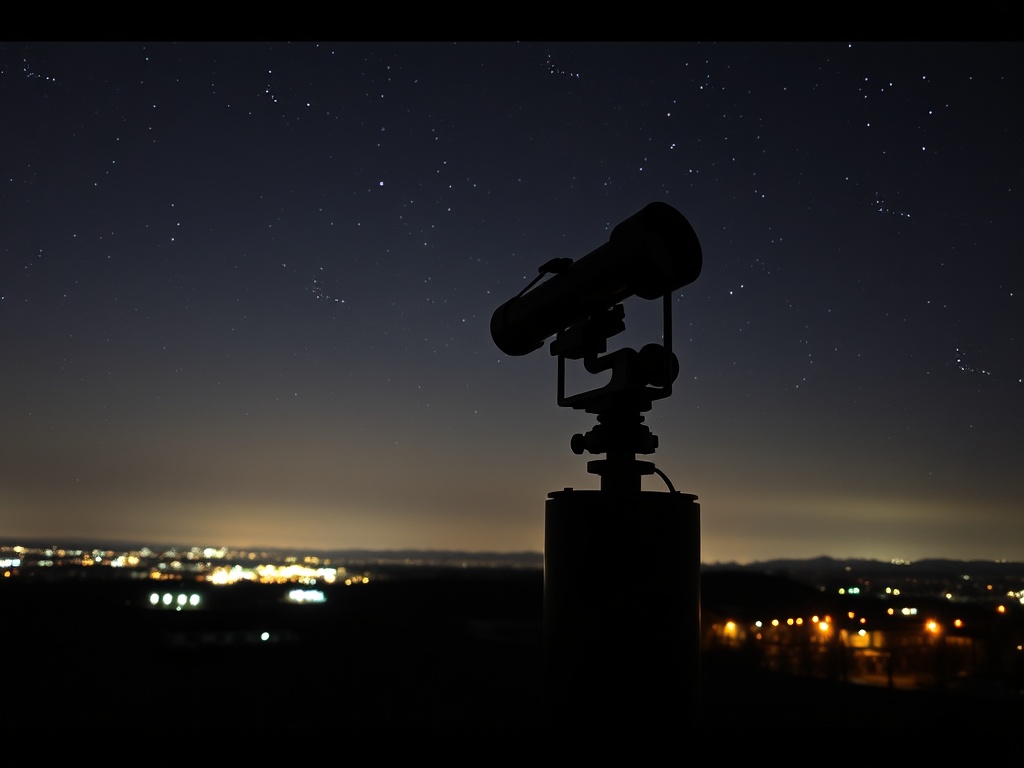 Телескоп на фоне звездного неба и городских огней ночью.