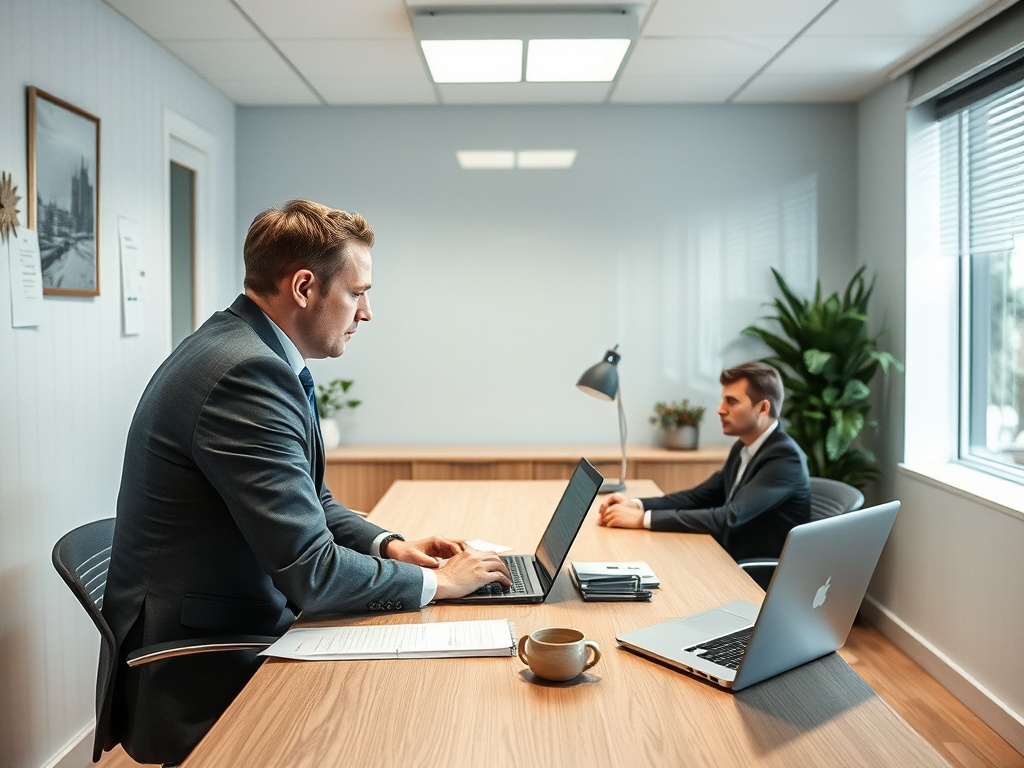 Два мужчины в офисе. Один за столом с ноутбуком, другой задумчиво смотрит на него. Стильная обстановка.