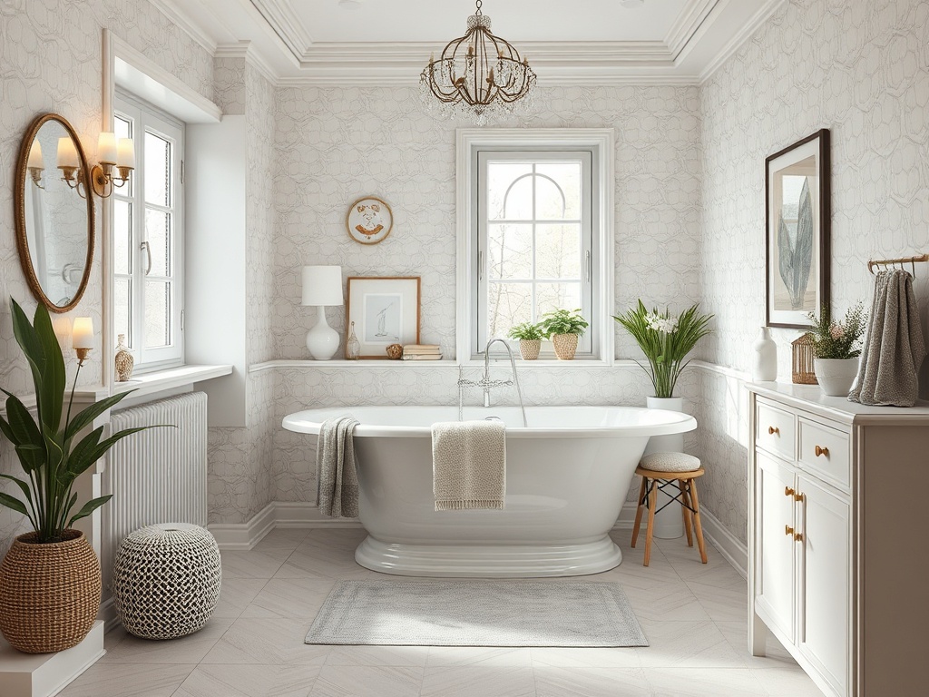 Современная ванная комната с белой ванной, растениями, красивыми стенами и уютным освещением.