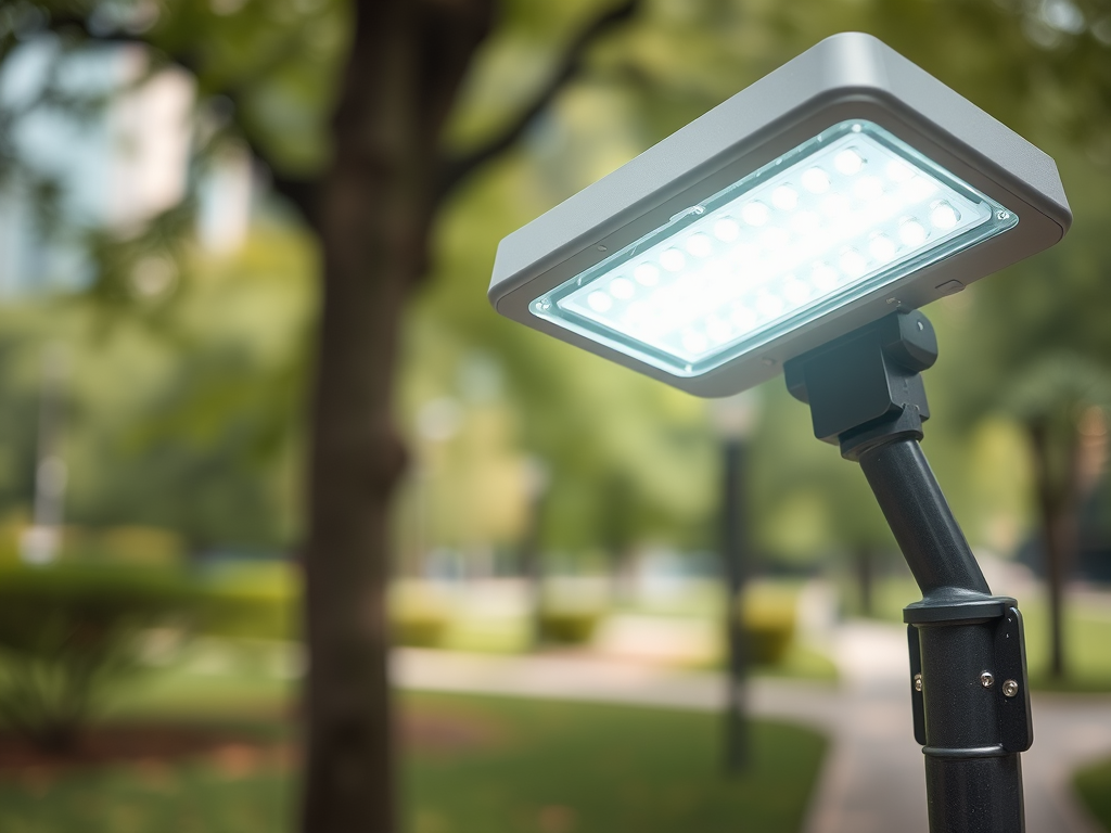 Светильник с LED-лампами освещает парк, на заднем плане зеленые деревья и ухоженная дорожка.