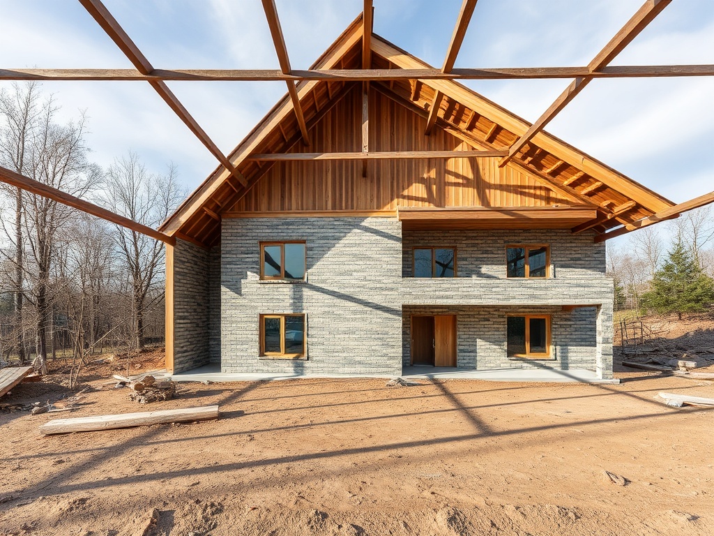 Строящийся дом с деревянным фасадом и большими окнами, окруженный природой и строительными материалами.