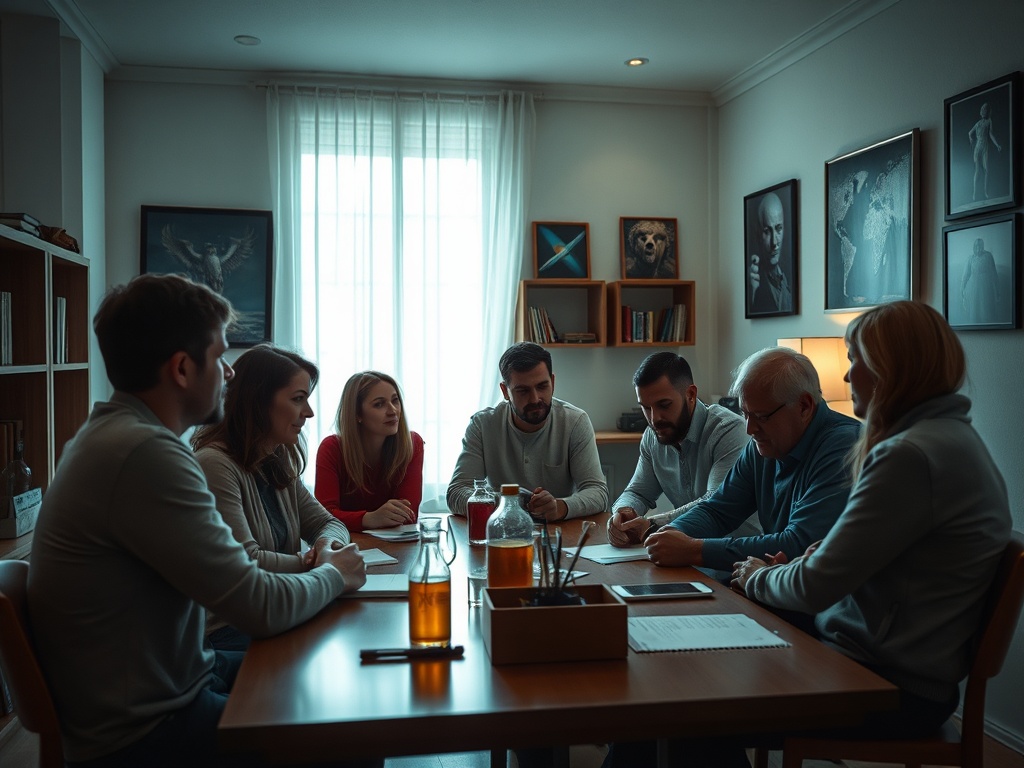 Группа людей обсуждает идеи за столом в уютной комнате, освещённой естественным светом.