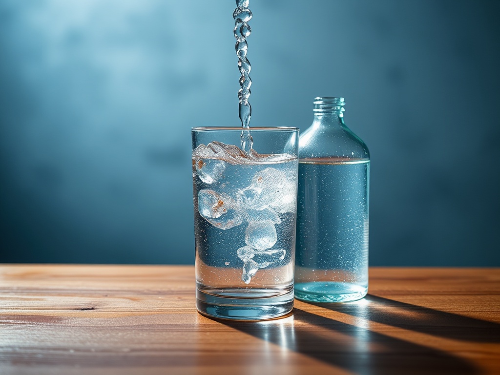 Наливание воды в стакан с пузырьками, рядом стеклянная бутылка с водой на деревянной поверхности.