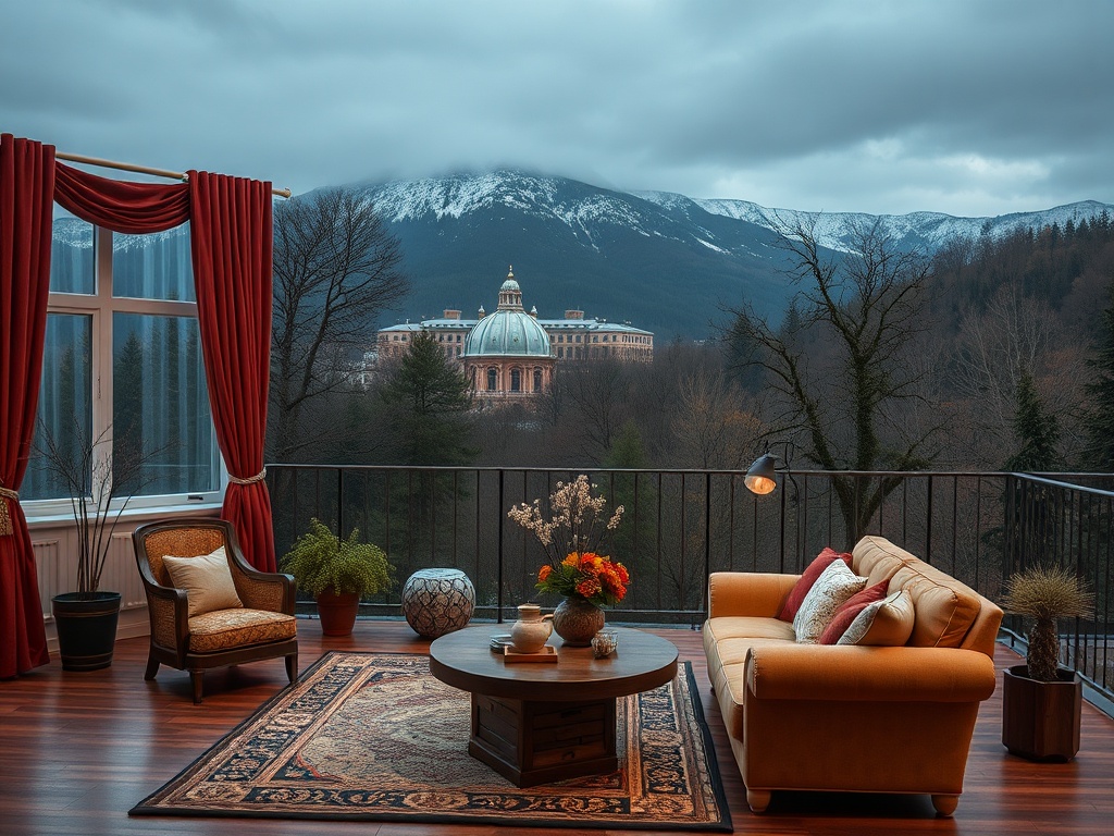Современная гостиная с уютным диваном и видом на горы, украшенная цветами и теплым освещением.