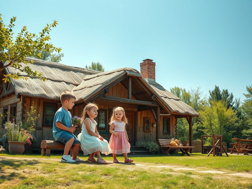 Трое детей играют рядом с деревянным домом с соломенной крышей в солнечный день.