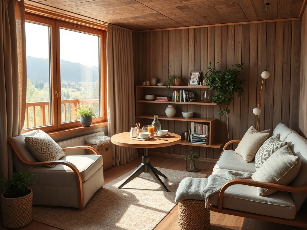 Уютная гостиная с деревянными стенами, удобной мебелью и видом на лес через большое окно.
