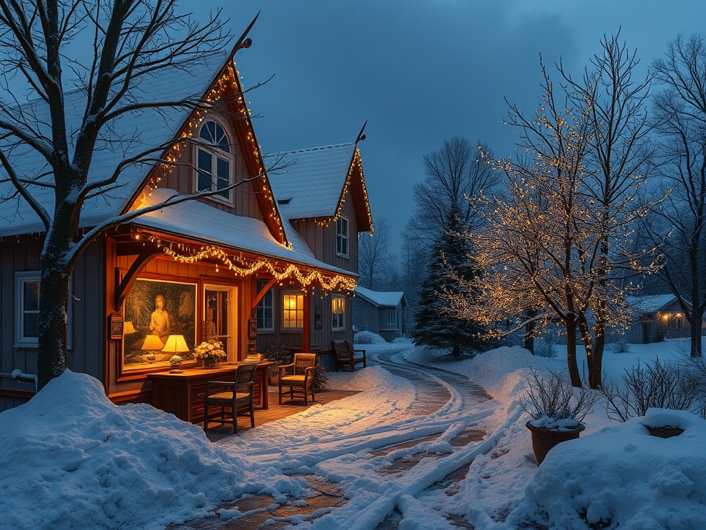 Зимний вечер, уютный дом с огнями, окружённый снегом и лесными деревьями. Тёплый свет из окон.