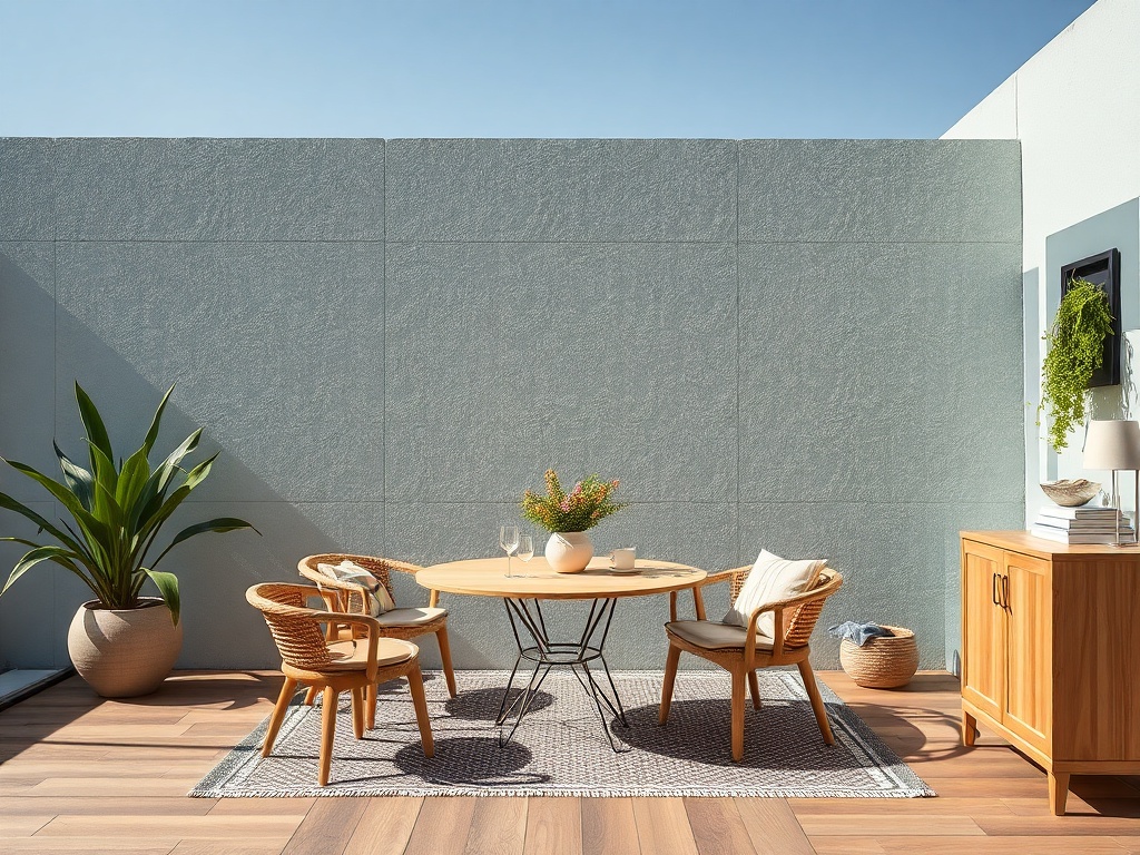 Современная терраса с деревянным столом, уютными стульями и растениями на фоне голубого неба.