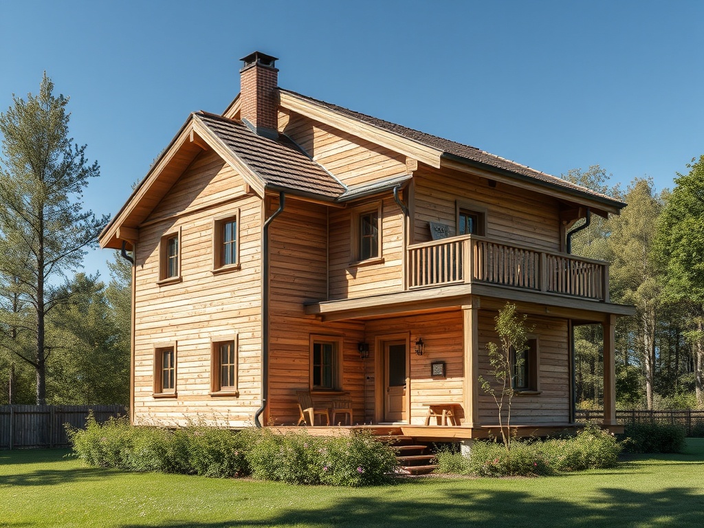 Деревянный дом с балконом и зелёным газоном, окружённый соснами и растениями. Ясная погода.