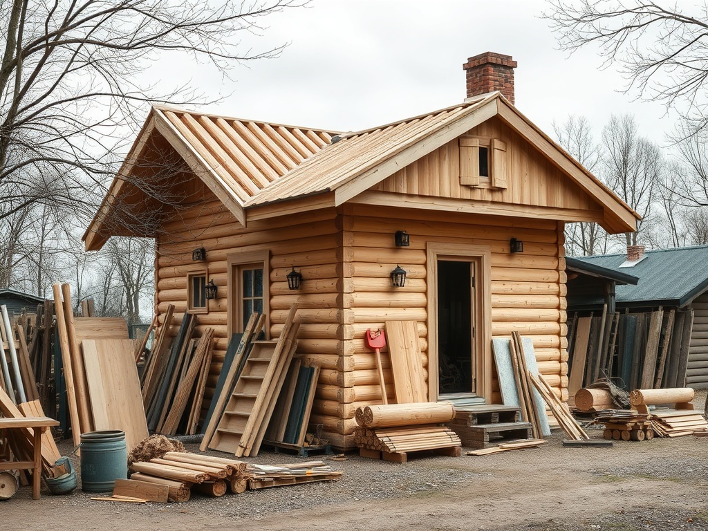 Деревянный срубовый дом с лестницей и строительными материалами рядом на фоне серого неба.