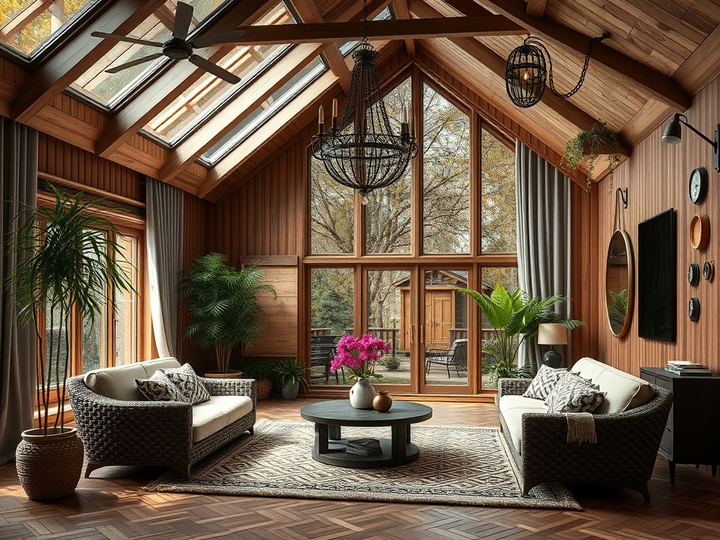 Современный интерьер с большими окнами, растениями и стильной мебелью в теплых тонах.