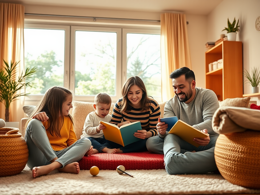 Семья сидит на полу в уютной комнате и читает книги, наслаждаясь временем вместе и общением.