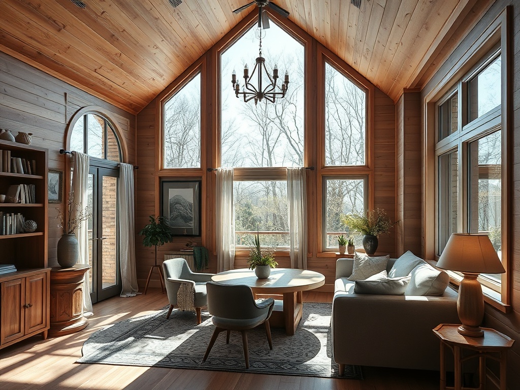 Светлая гостиная с большими окнами, деревянными стенами и уютной мебелью, создана для расслабления и отдыха.