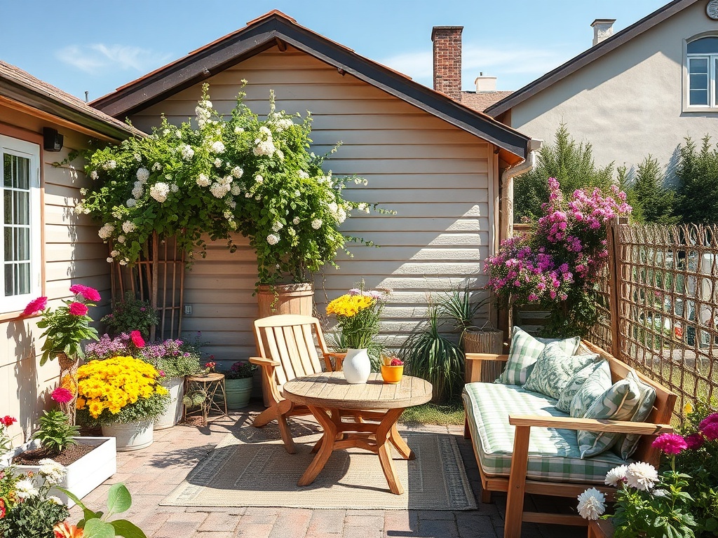 Уютный сад с деревянной мебелью, цветами и зеленью, идеальное место для отдыха на свежем воздухе.