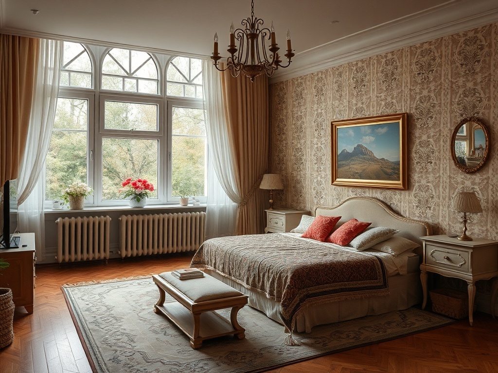 Уютная спальня с широкими окнами, мягкой мебелью и атмосферой для отдыха. Элементы классического дизайна.