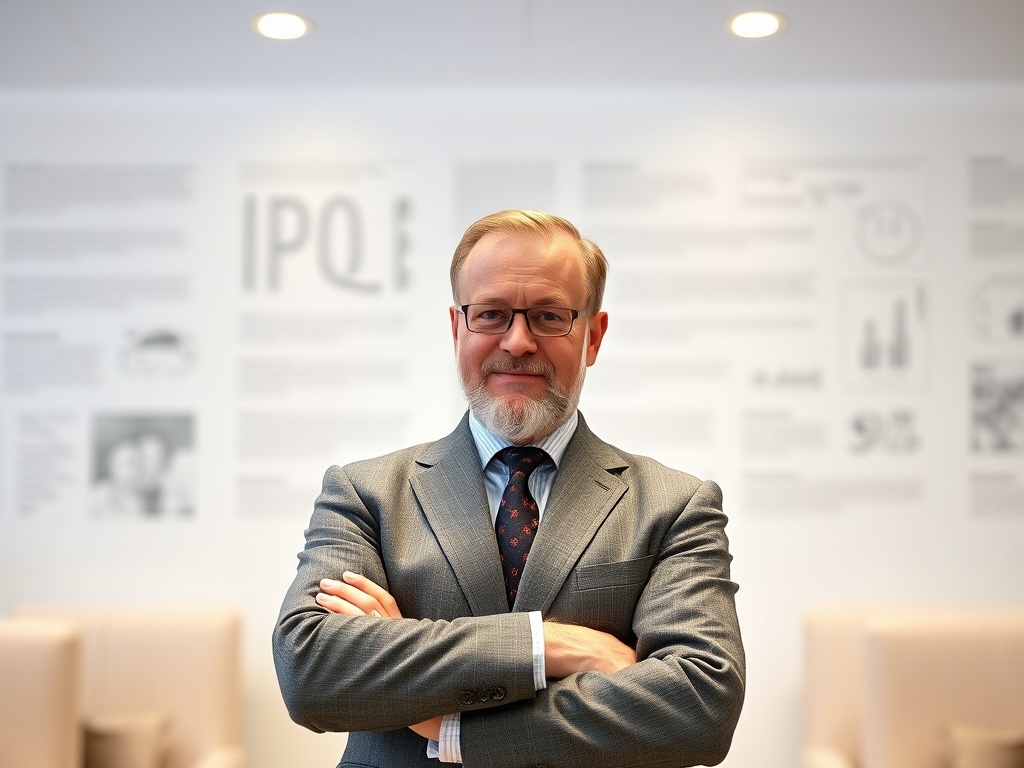 Деловой человек в сером костюме с руками, сложенными на груди, стоит на фоне информационной стены.