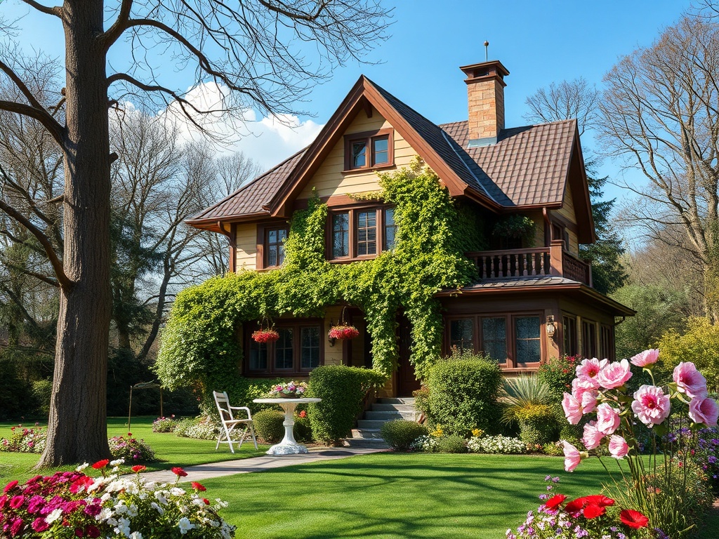 Красивый дом с зеленью и цветами в саду на фоне голубого неба и деревьев. Идеальное место для отдыха.