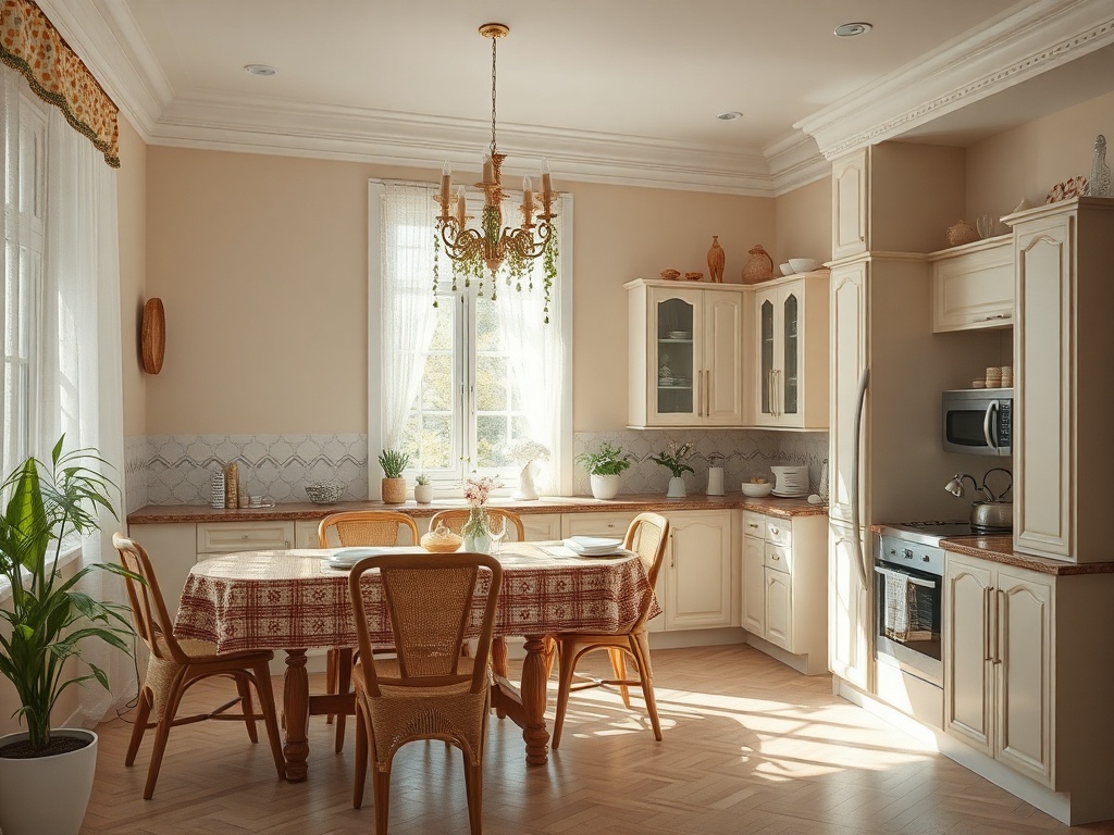 Светлая кухня с деревянной мебелью, столом, стульями и зелеными растениями на фоне больших окон.