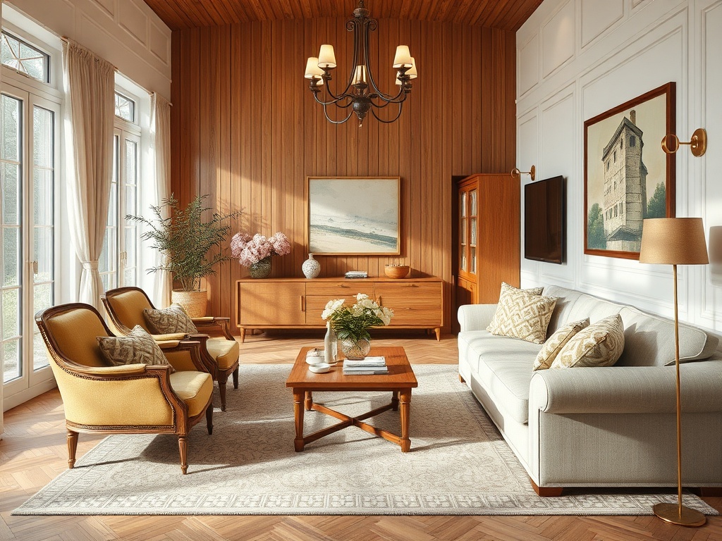 Светлая гостиная с деревянными стенами, мягкой мебелью и элегантным декором. Уют и стиль в интерьере.